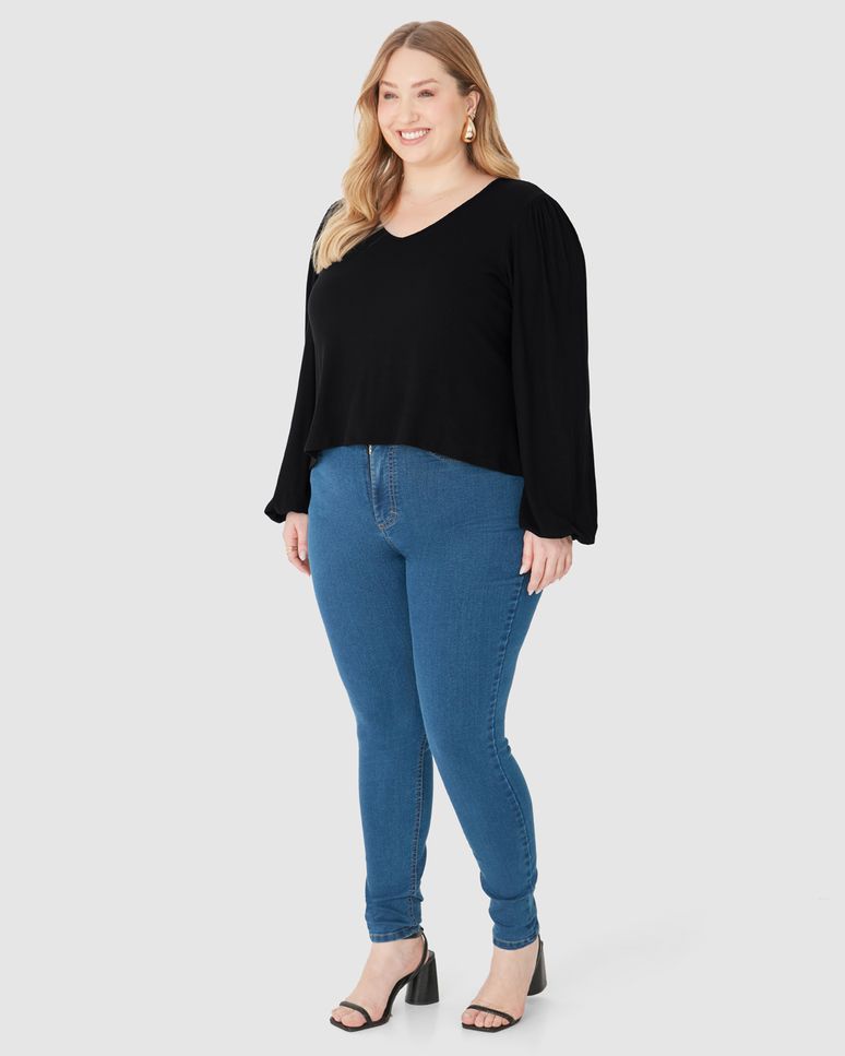 Blusa Feminina Plus Size Decote V Manga Longa Em Malha Viscose Canelada