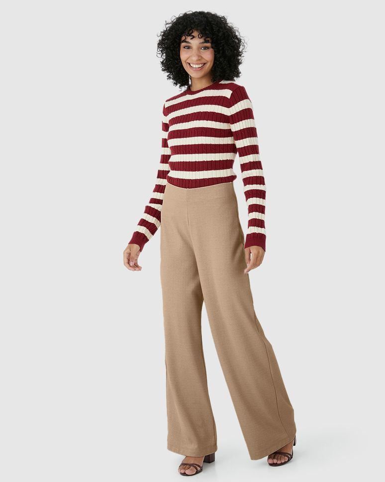 Calça Wide Leg Feminina Cintura Média Em Malha Jacquard