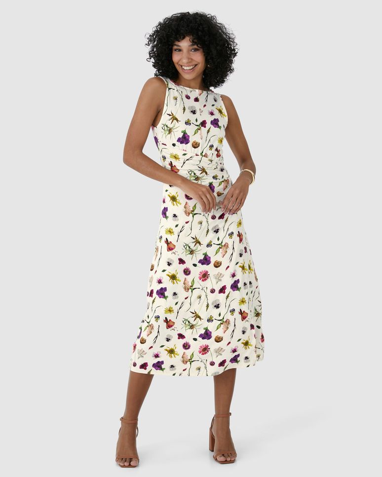 Vestido Midi Feminino Pregas Laterais Em Malha Viscolinho Stretch