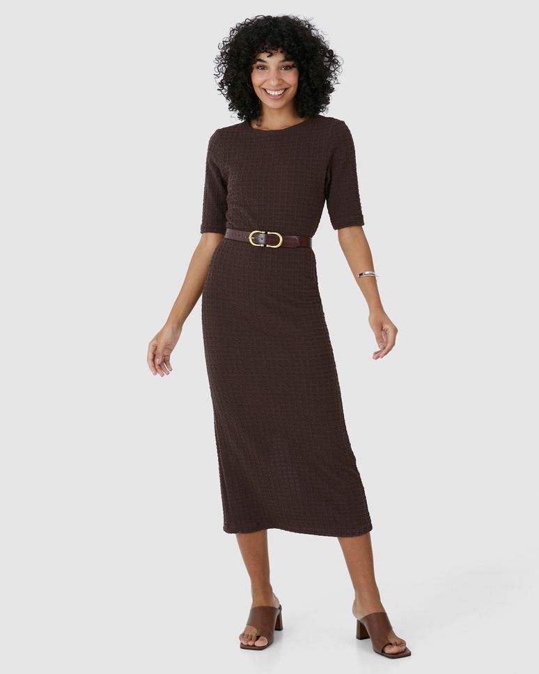 Vestido Midi Feminino Justo Decote Canoa Em Jacquard Texturizado