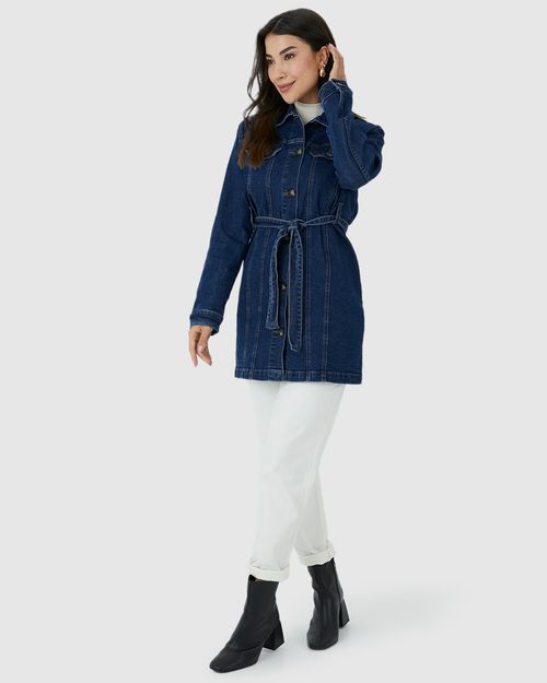 Jaqueta Feminina Alongada Com Cinto Em Jeans Com Elastano