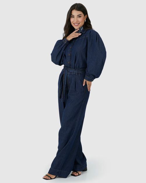 Calça Wide Leg Feminina Pregas Frontais Com Cinto Em Jeans Leve