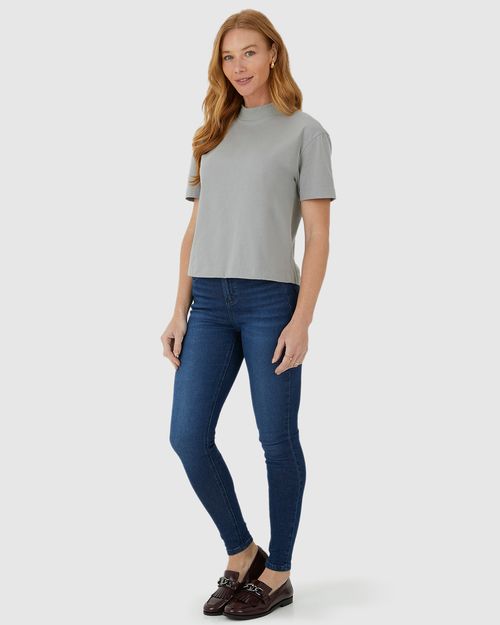 Blusa Básica Feminina Gola Alta Manga Curta Em Algodão