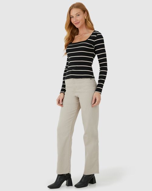 Blusa Feminina Justa Decote Quadrado Em Ribana Listrada