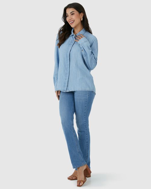 Camisa Feminina Tradicional Abertura Botões Internos Em Jeans Leve
