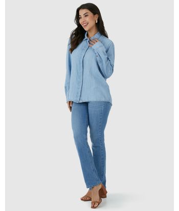 Camisa Feminina Tradicional Abertura Botões Internos Em Jeans Leve