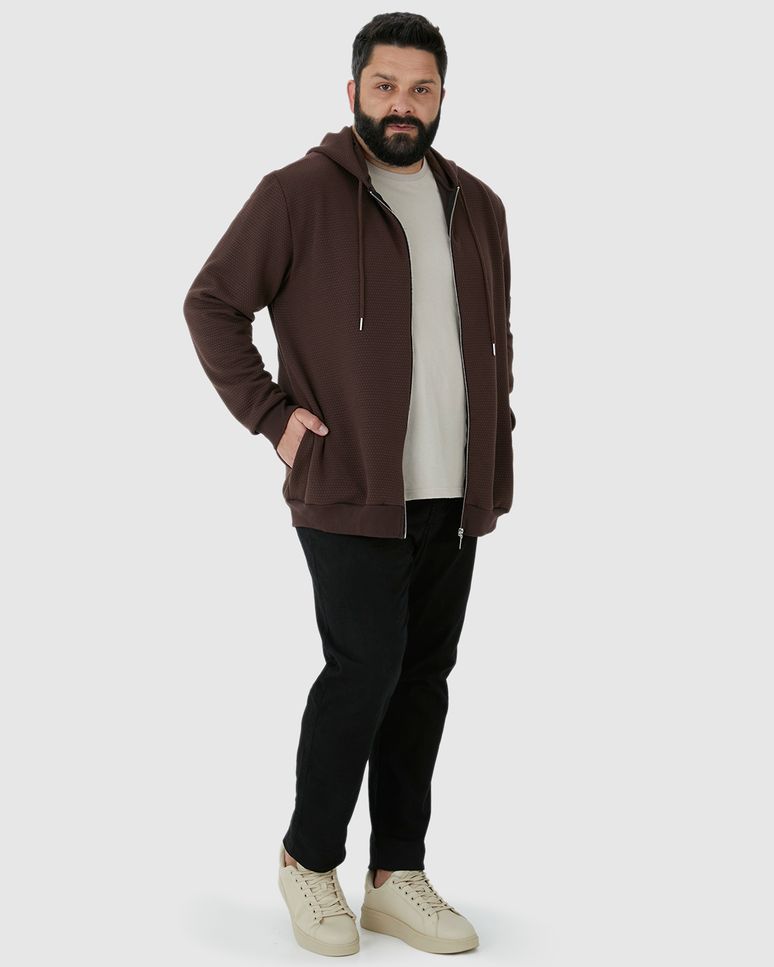 Jaqueta Masculina Plus Size Capuz Com Cadarço Em Jacquard Texturizado