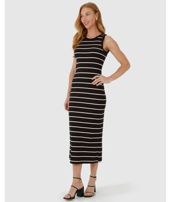 Vestido Midi Feminino Justo Em Ribana Listrada