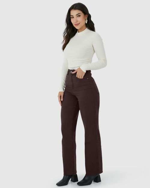 Calça Straight Cropped Feminina Cintura Alta Em Sarja Com Elastano
