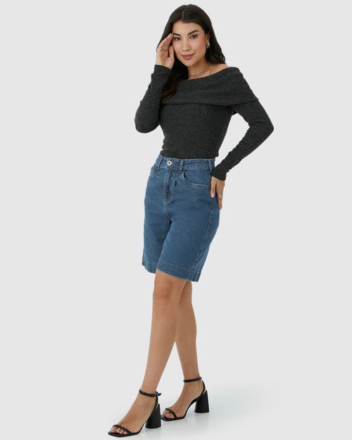 Bermuda Feminina Jorts Cintura Alta Em Jeans Com Elastano