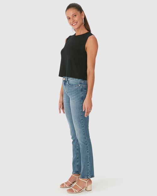 Calça Reta Feminina Bolso Funcional Em Flex Jeans