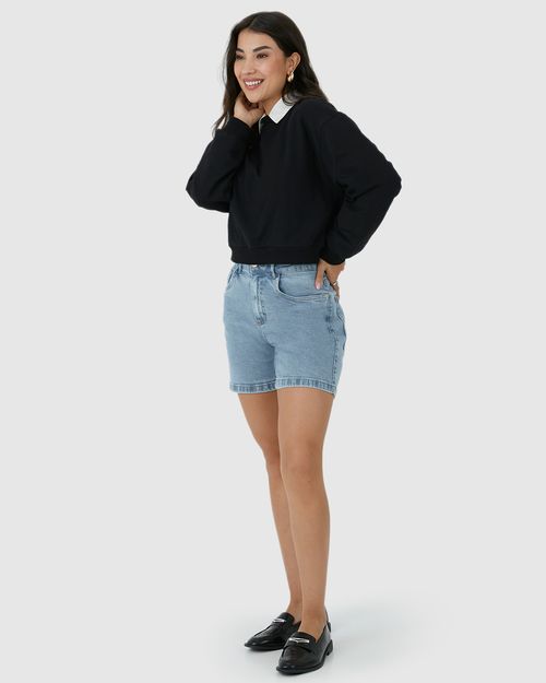 Bermuda Feminina Boyfriend Cintura Média Em Jeans Com Elastano