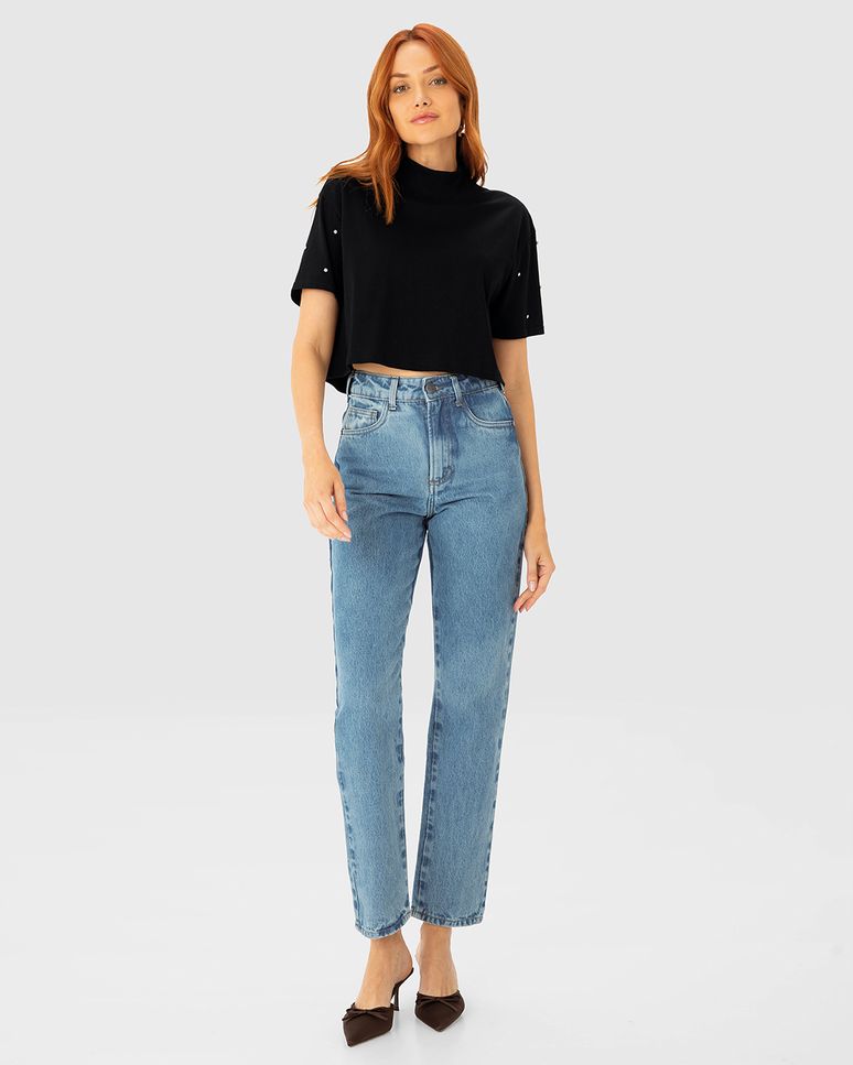 T-Shirt Feminina Cropped Gola Alta Aplique Strass Em Algodão - ENFIM