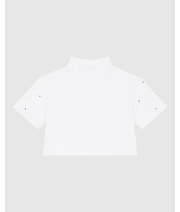 T-Shirt Feminina Cropped Gola Alta Aplique Strass Em Algodão - ENFIM