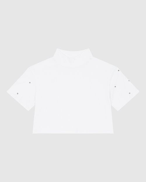 T-Shirt Feminina Cropped Gola Alta Aplique Strass Em Algodão - ENFIM