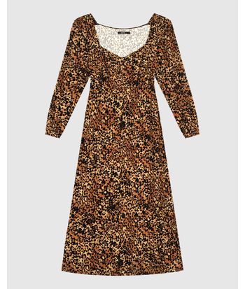 Vestido Midi Feminino Manga Longa Animal Print Em Viscose - ENFIM