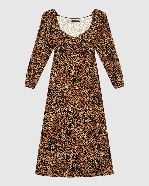 Vestido Midi Feminino Manga Longa Animal Print Em Viscose - ENFIM