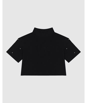 T-Shirt Feminina Cropped Gola Alta Aplique Strass Em Algodão - ENFIM