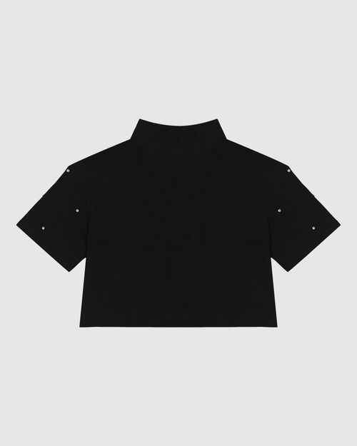 T-Shirt Feminina Cropped Gola Alta Aplique Strass Em Algodão - ENFIM