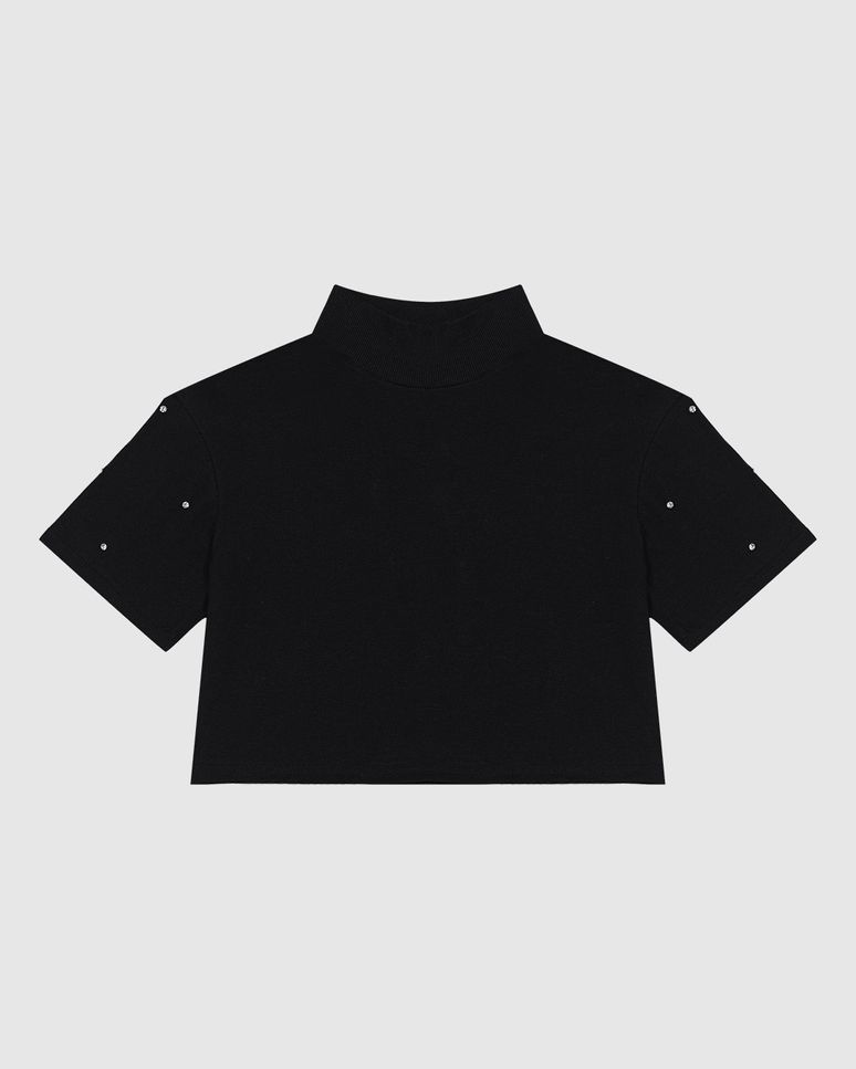 T-Shirt Feminina Cropped Gola Alta Aplique Strass Em Algodão - ENFIM