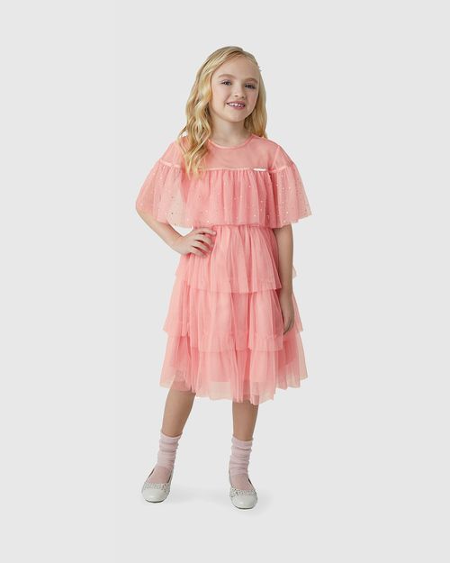 Vestido Menina Babados Com Brilho Amarração Costas Em Tule - Carinhoso