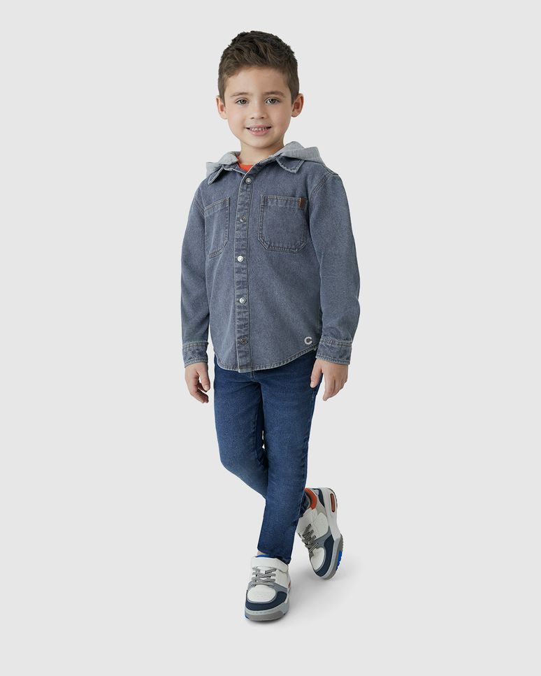 Camisa Menino Manga Longa Com Capuz Em Jeans Leve - Carinhoso