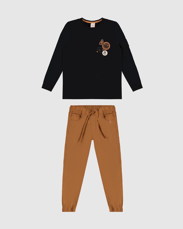 Conjunto Menino Camiseta Manga Longa Com Bolso Em Algodão - Carinhoso