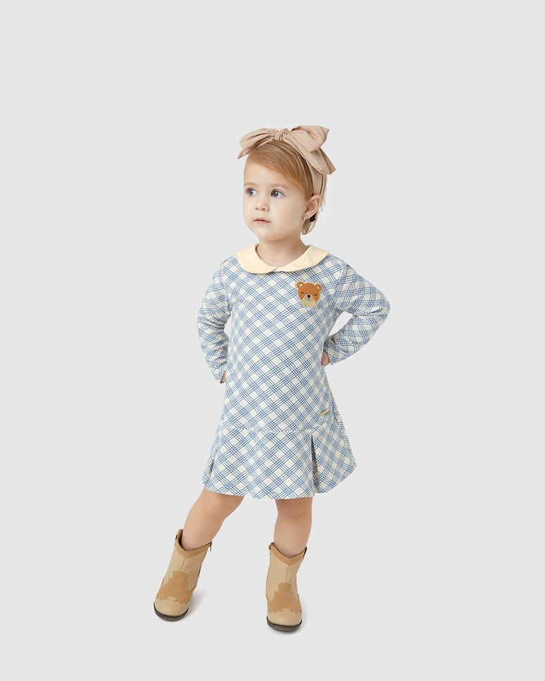 Vestido Menina Com Gola E Aplique Bordado Em Algodão - Carinhoso