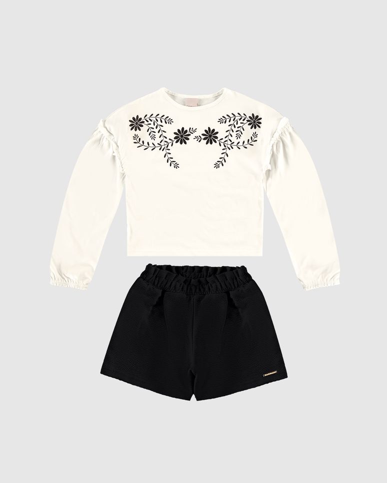 Conjunto Menina Blusa Estampa Bordada E Shorts Em Algodão - Carinhoso