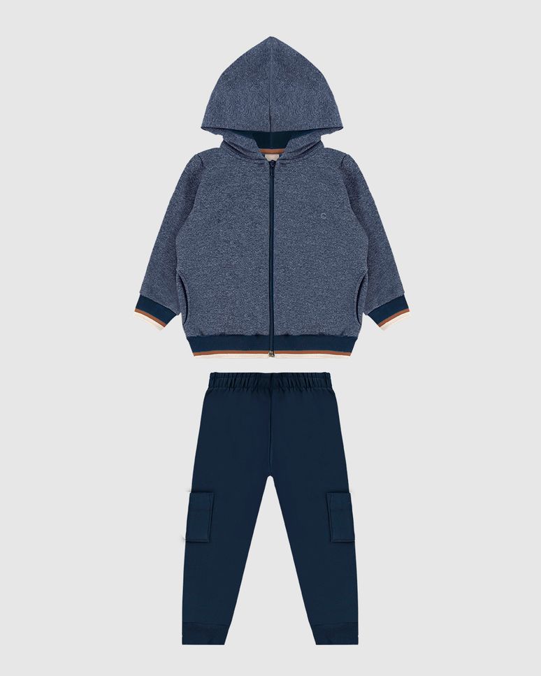 Conjunto Menino Jaqueta Com Capuz Em Moletom Rajado Flanelado - Carinhoso