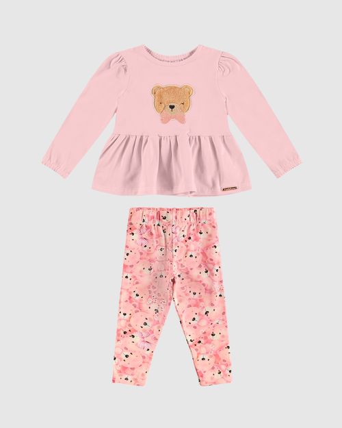 Conjunto Menina Blusa Manga Longa Aplique Bordado Em Algodão - Carinhoso