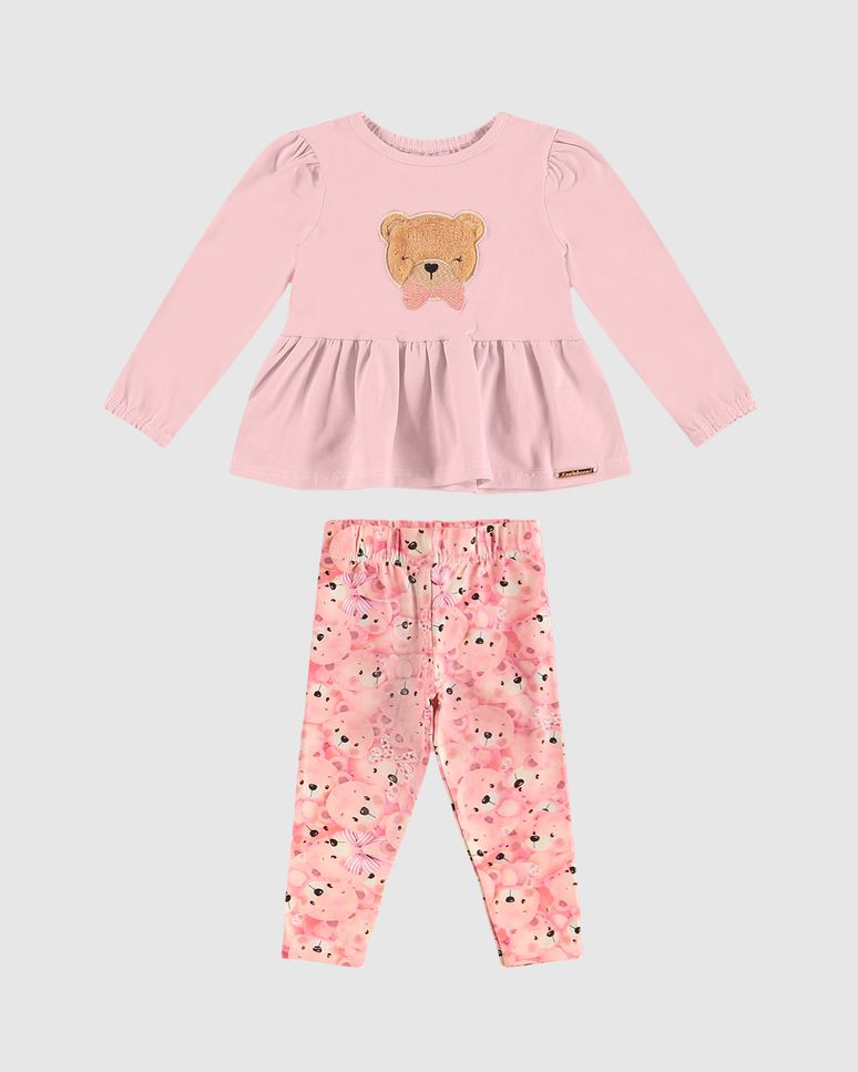 Conjunto Menina Blusa Manga Longa Aplique Bordado Em Algodão - Carinhoso