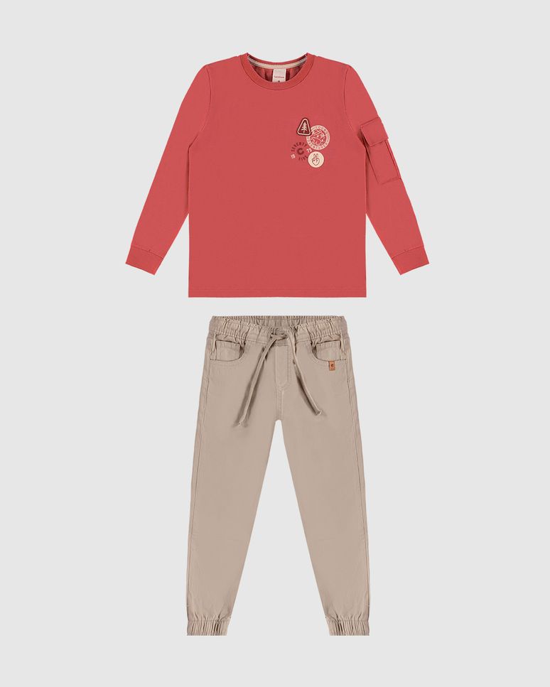 Conjunto Menino Camiseta Manga Longa Com Bolso Em Algodão - Carinhoso