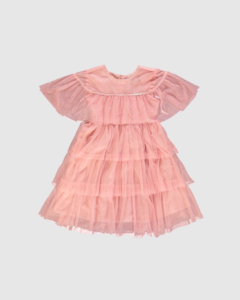 Vestido Menina Babados Com Brilho Amarração Costas Em Tule - Carinhoso