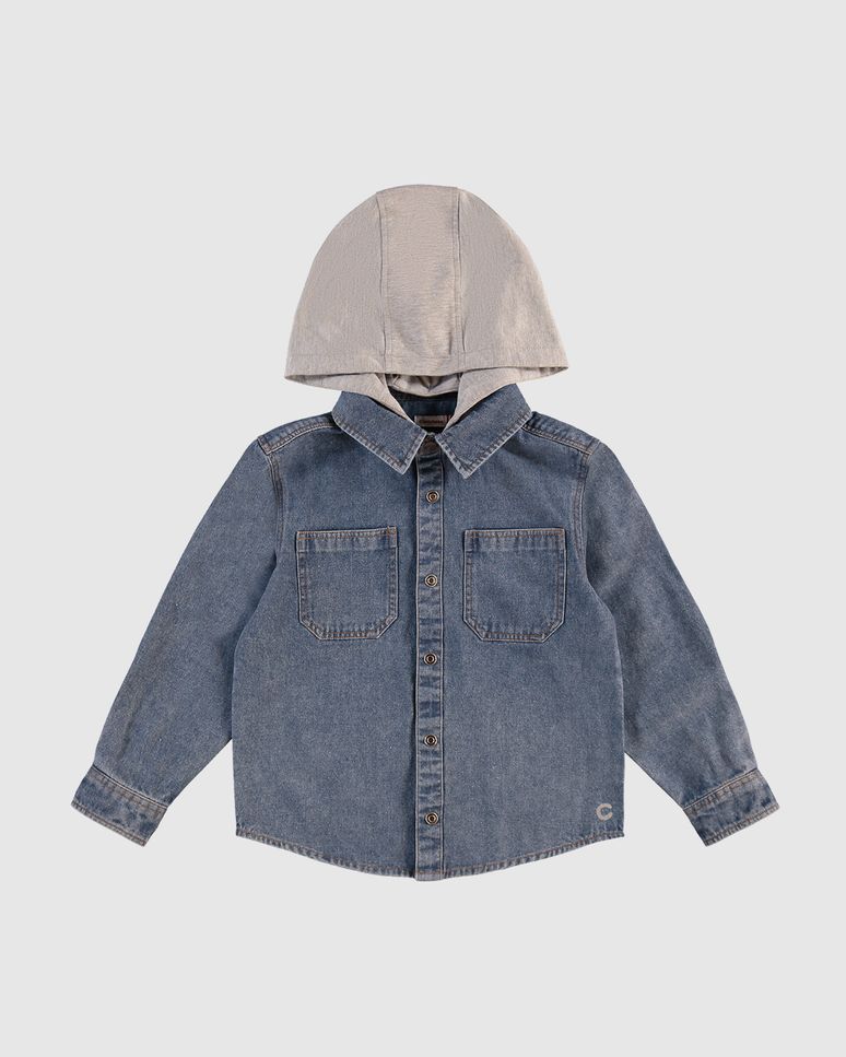 Camisa Menino Manga Longa Com Capuz Em Jeans Leve - Carinhoso