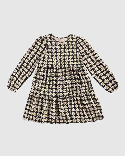 Vestido Menina Manga Longa Recortes Estampa Floral Em Algodão - Carinhoso