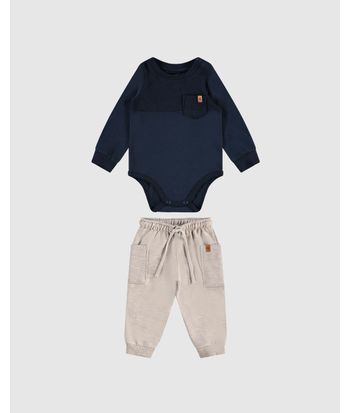 Conjunto Menino Body Manga Longa Bolso Frontal Em Algodão - Carinhoso