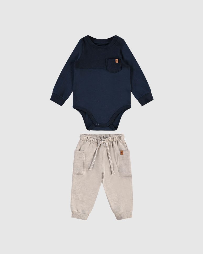 Conjunto Menino Body Manga Longa Bolso Frontal Em Algodão - Carinhoso