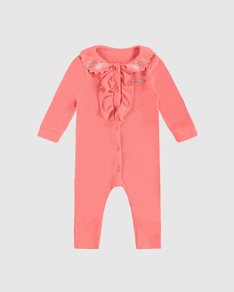 Macacão Menina Manga Longa E Babados Em Malha Texturizada - Carinhoso