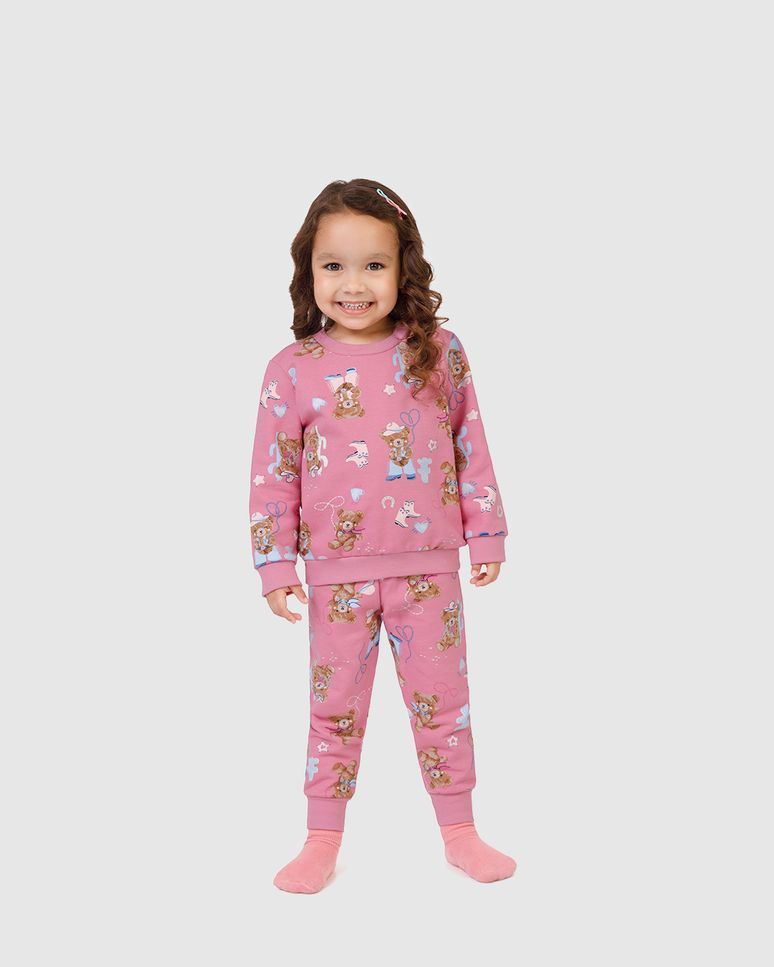 Pijama Longo Infantil Menina Estampa Ursinho Moletom Flanelado Malwee Kids
