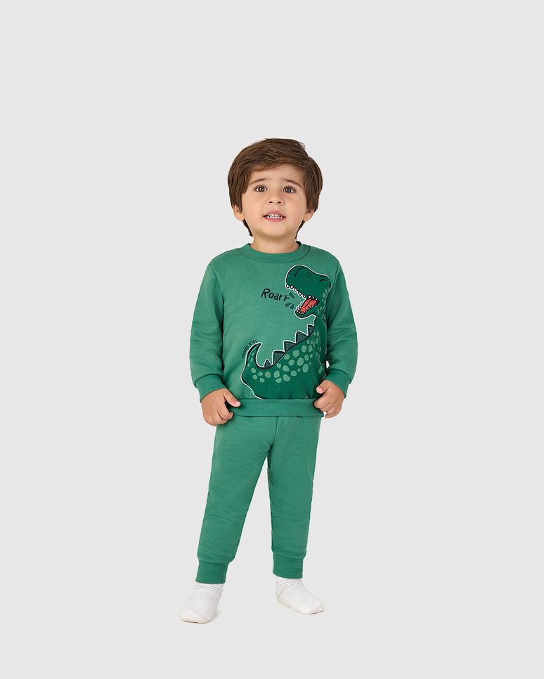 Conjunto Longo Infantil Menino Dinossauro Em Moletom Flanelado Malwee Kids