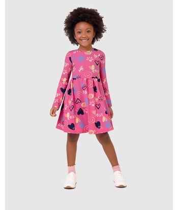 Vestido Infantil Acinturado Manga Longa Em Algodão Malwee Kids