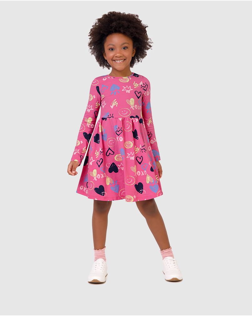 Vestido Infantil Acinturado Manga Longa Em Algodão Malwee Kids