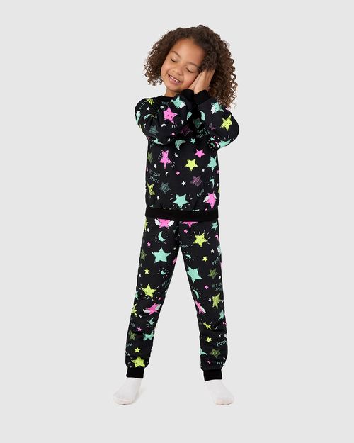Pijama Longo Infantil Menina Estrelas Em Moletom Flanelado Malwee Kids
