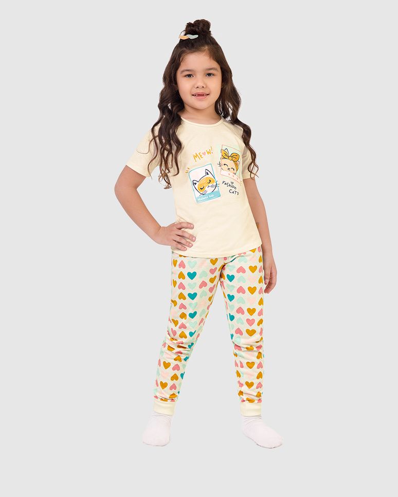 Pijama Longo Infantil Menina Fashion Cat Em Algodão Malwee Kids