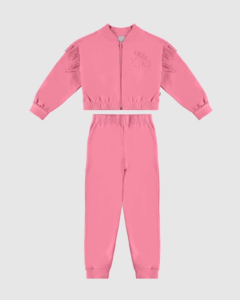 Conjunto Infantil Menina Jaqueta Manga Com Franjas Em Moletom Malwee Kids