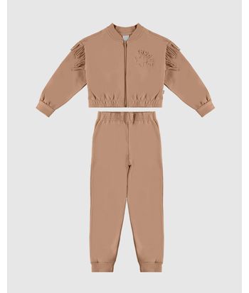 Conjunto Infantil Menina Jaqueta Manga Com Franjas Em Moletom Malwee Kids