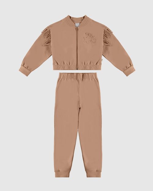 Conjunto Infantil Menina Jaqueta Manga Com Franjas Em Moletom Malwee Kids