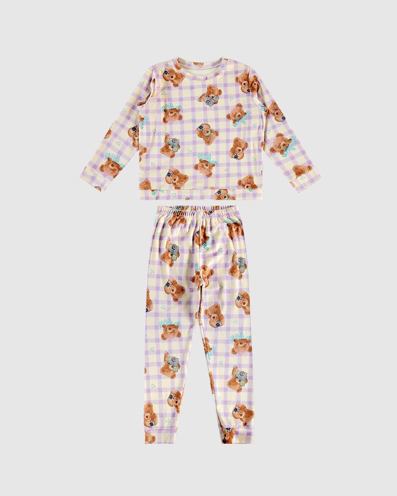 Pijama Longo Infantil Menina Ursinho Em Malha Plush Malwee Kids