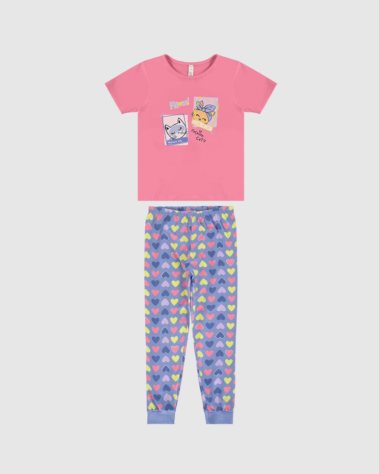 Pijama Longo Infantil Menina Fashion Cat Em Algodão Malwee Kids